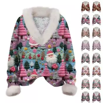 Женский пуловер с длинным рукавом и рождественским принтом, плюшевый воротник, V-образный вырез, модные топы S