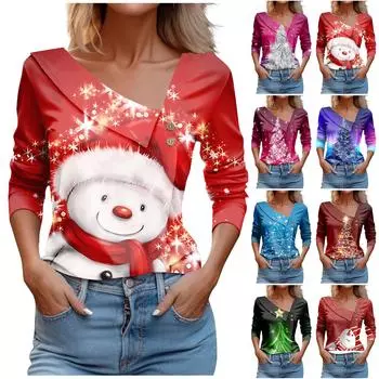 Женский пуловер с длинным рукавом и V-образным вырезом на пуговицах с рождественским принтом XXL синий