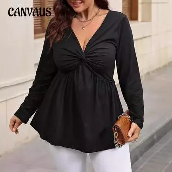 Женский пуловер с длинным рукавом и V-образным вырезом, весна-осень, трикотажный топ больших размеров 0XL чёрный