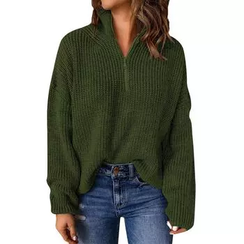 Женский пуловер с длинным рукавом и воротником-стойкой, свободный однотонный свитер с половиной молнии, эластичная водолазка, вязаные топы в рубчик L армия зеленый