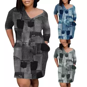 Женский пуловер с длинным рукавом, юбка-миди, джинсовое платье свободного кроя с v-образным вырезом L чёрный