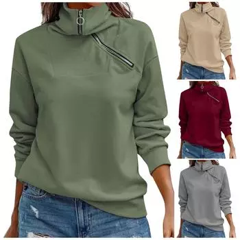 Женский пуловер с длинным рукавом, водолазка на молнии, повседневная свободная толстовка