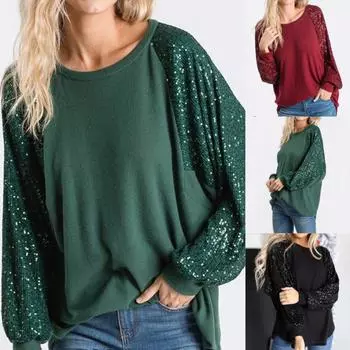 Женский пуловер с длинными рукавами и блестками, женская трикотажная свободная футболка, блузка, футболка S чёрный