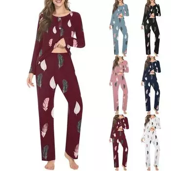 Женский пуловер с длинными рукавами и пуговицами с принтом перьев и круглым вырезом, пижамный комплект для домашнего отдыха L чёрный