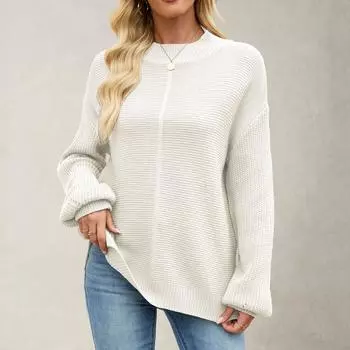 Женский пуловер с круглым вырезом, длинными рукавами, повседневный, свободного кроя, вязаный, однотонный, мягкий M бежевый