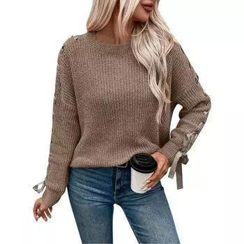 Женский пуловер с круглым вырезом и бантом, свободный повседневный свитер с длинными рукавами L