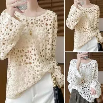 Женский пуловер с круглым вырезом и длинными рукавами, ажурный трикотажный топ, однотонный вязаный крючком солнцезащитный топ абрикосовый