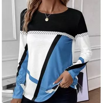 Женский пуловер с круглым вырезом, контрастный цветной топ с геометрическим принтом, женская футболка S небесно-голубой