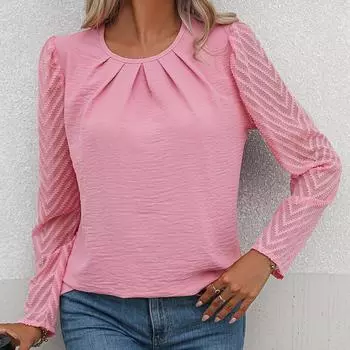 Женский пуловер с круглым вырезом, однотонная плиссированная шифоновая рубашка с длинными рукавами, модные топы S розовый