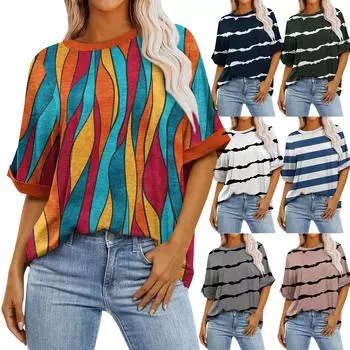 Женский пуловер с круглым вырезом в монохромную полоску и принтом, свободная футболка большого размера с короткими рукавами, топ L зелёный