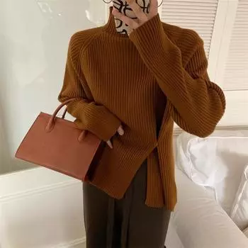 Женский пуловер с ленивым ветром, осенне-зимний свитер с открытым верхом, трикотажная рубашка с воротником до середины икры One Size темно-зеленого