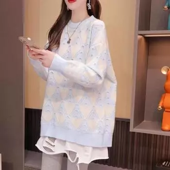 Женский пуловер с напуском, осень 2022, осенний свитер с круглым вырезом, свободный повседневный свободный свитер в стиле ретро, тонкий вязаный пуловер, топ