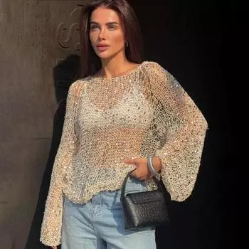 Женский пуловер с пайетками, ажурный трикотажный топ, свободный свитер с длинным рукавом и круглым вырезом, милые сексуальные блестящие женские рубашки, весна-лето L шампанского