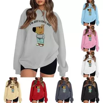 Женский пуловер с принтом, блузка с круглым вырезом, заниженными плечами и длинными рукавами L бежевый