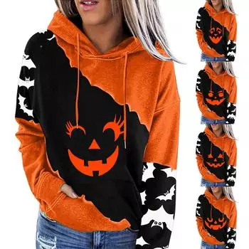 Женский пуловер с принтом Хэллоуина, круглый вырез, заниженная линия плеча, блузка с длинными рукавами L чёрный