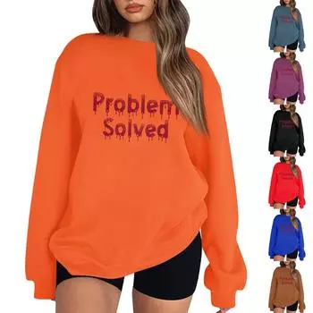 Женский пуловер с принтом Хэллоуина, круглый вырез, заниженная линия плеча, блузка с длинными рукавами M тёмно-синий