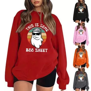Женский пуловер с принтом Хэллоуина, круглый вырез, заниженная линия плеча, блузка с длинными рукавами XXL