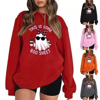 Женский пуловер с принтом Хэллоуина, круглый вырез, заниженная линия плеча, блузка с длинными рукавами M чёрный