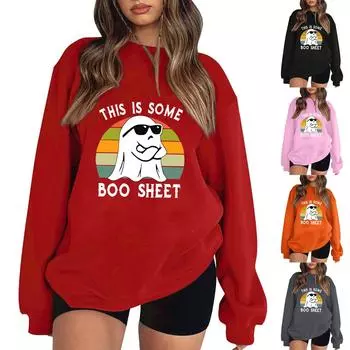 Женский пуловер с принтом Хэллоуина, круглый вырез, заниженная линия плеча, блузка с длинными рукавами L чёрный