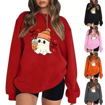 Женский пуловер с принтом Хэллоуина, круглый вырез, заниженная линия плеча, блузка с длинными рукавами L чёрный