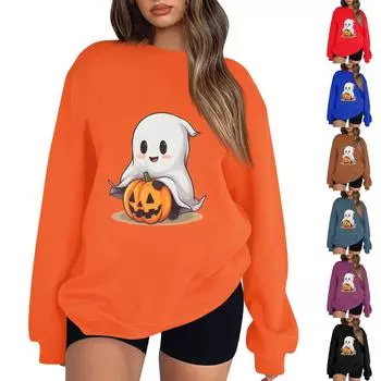 Женский пуловер с принтом Хэллоуина, круглый вырез, заниженная линия плеча, блузка с длинными рукавами L