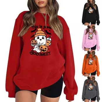 Женский пуловер с принтом Хэллоуина, круглый вырез, заниженная линия плеча, блузка с длинными рукавами L чёрный