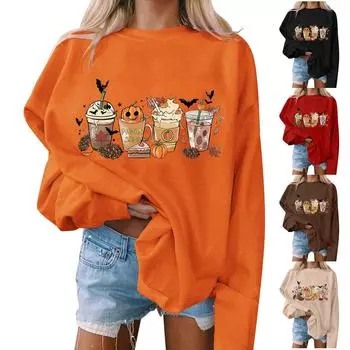 Женский пуловер с принтом Хэллоуина, круглый вырез, заниженная линия плеча, блузка с длинными рукавами XXXL чёрный