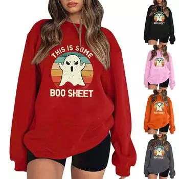 Женский пуловер с принтом Хэллоуина, круглый вырез, заниженная линия плеча, блузка с длинными рукавами L чёрный