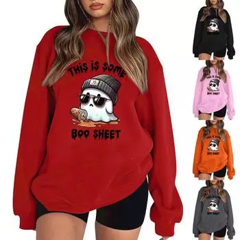 Женский пуловер с принтом Хэллоуина, круглый вырез, заниженная линия плеча, блузка с длинными рукавами L чёрный