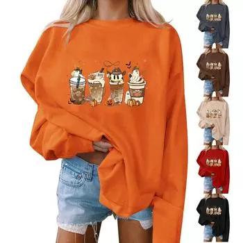 Женский пуловер с принтом Хэллоуина, круглый вырез, заниженная линия плеча, блузка с длинными рукавами M чёрный