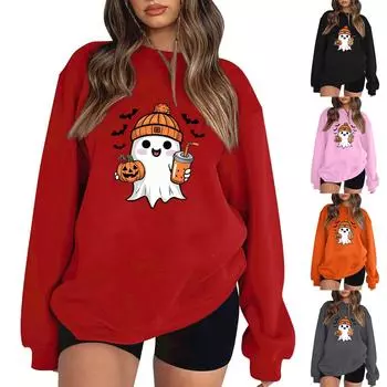 Женский пуловер с принтом Хэллоуина, круглый вырез, заниженная линия плеча, блузка с длинными рукавами L розовый