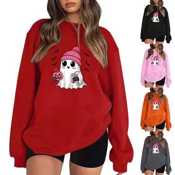 Женский пуловер с принтом Хэллоуина, круглый вырез, заниженная линия плеча, блузка с длинными рукавами L чёрный