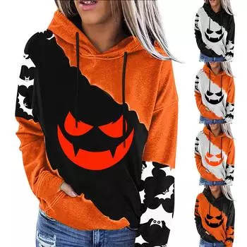Женский пуловер с принтом Хэллоуина, круглый вырез, заниженная линия плеча, блузка с длинными рукавами L чёрный