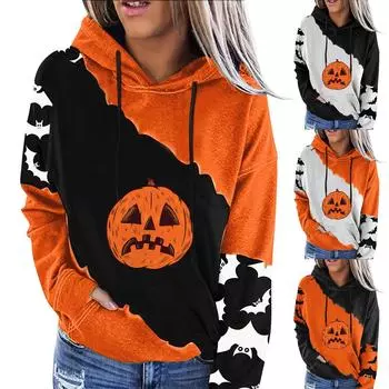 Женский пуловер с принтом Хэллоуина, круглый вырез, заниженная линия плеча, блузка с длинными рукавами M чёрный