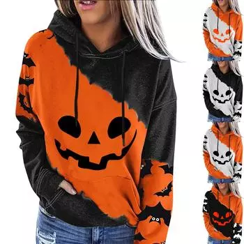 Женский пуловер с принтом Хэллоуина, круглый вырез, заниженная линия плеча, блузка с длинными рукавами M чёрный