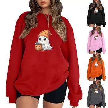 Женский пуловер с принтом Хэллоуина, круглый вырез, заниженная линия плеча, блузка с длинными рукавами L чёрный