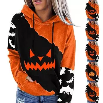 Женский пуловер с принтом Хэллоуина, круглый вырез, заниженная линия плеча, блузка с длинными рукавами M чёрный