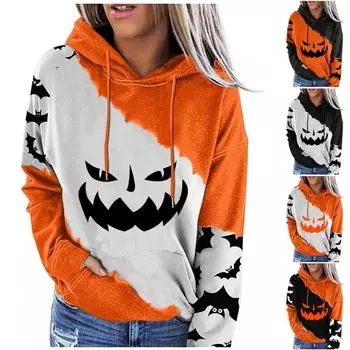 Женский пуловер с принтом Хэллоуина, круглый вырез, заниженная линия плеча, блузка с длинными рукавами M чёрный