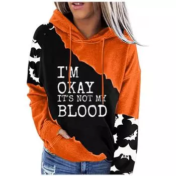 Женский пуловер с принтом Хэллоуина, круглый вырез, заниженная линия плеча, блузка с длинными рукавами L оранжевый