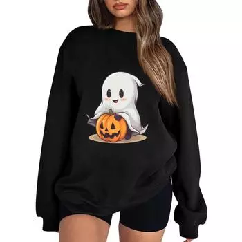 Женский пуловер с принтом Хэллоуина, круглый вырез, заниженная линия плеча, блузка с длинными рукавами XL чёрный