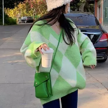 Женский пуловер с принтом в виде розовых аргайлов, повседневный свободный свитер с круглым вырезом и длинными рукавами, осенний женский модный трикотаж 2024 года One Size