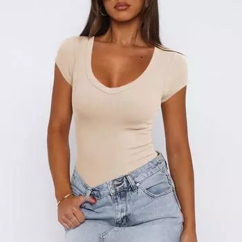 Женский пуловер с резьбой, однотонный универсальный сексуальный модный топ с короткими рукавами XL бежевый