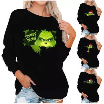 Женский пуловер с рождественским принтом, блузка с круглым вырезом, заниженными плечами и длинными рукавами XXXL чёрный