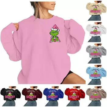 Женский пуловер с рождественским принтом, блузка с круглым вырезом, заниженными плечами и длинными рукавами L красный