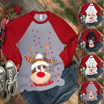 Женский пуловер с рождественским принтом и цветными блоками, футболка с длинными рукавами, рубашка, топ S чёрный