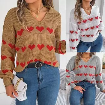 Женский пуловер с сердцем любви, свитера, вязаный джемпер с длинными рукавами и V-образным вырезом