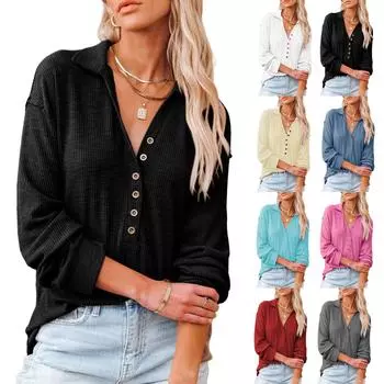 Женский пуловер с v-образным вырезом и длинными рукавами, толстовка с лацканами и пуговицами, свитер, блузка L синий