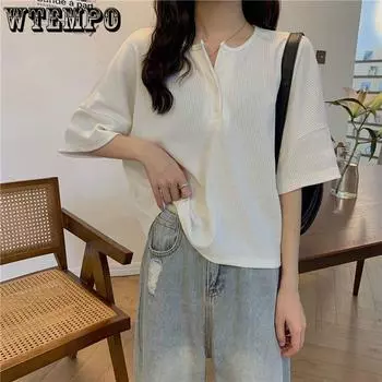 Женский пуловер с v-образным вырезом и коротким рукавом, новая летняя повседневная вязаная свободная футболка, однотонная футболка S белый