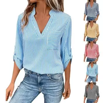 Женский пуловер с v-образным вырезом, повседневная женская рубашка с длинными рукавами и принтом в полоску