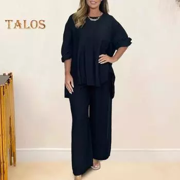 Женский пуловер со штанами, 2 шт./компл., весенне-осенний свободный женский костюм с широкими штанинами, дышащий легкий пуловер из полиэстера с круглым воротником и длинными рукавами 2XL шампанского